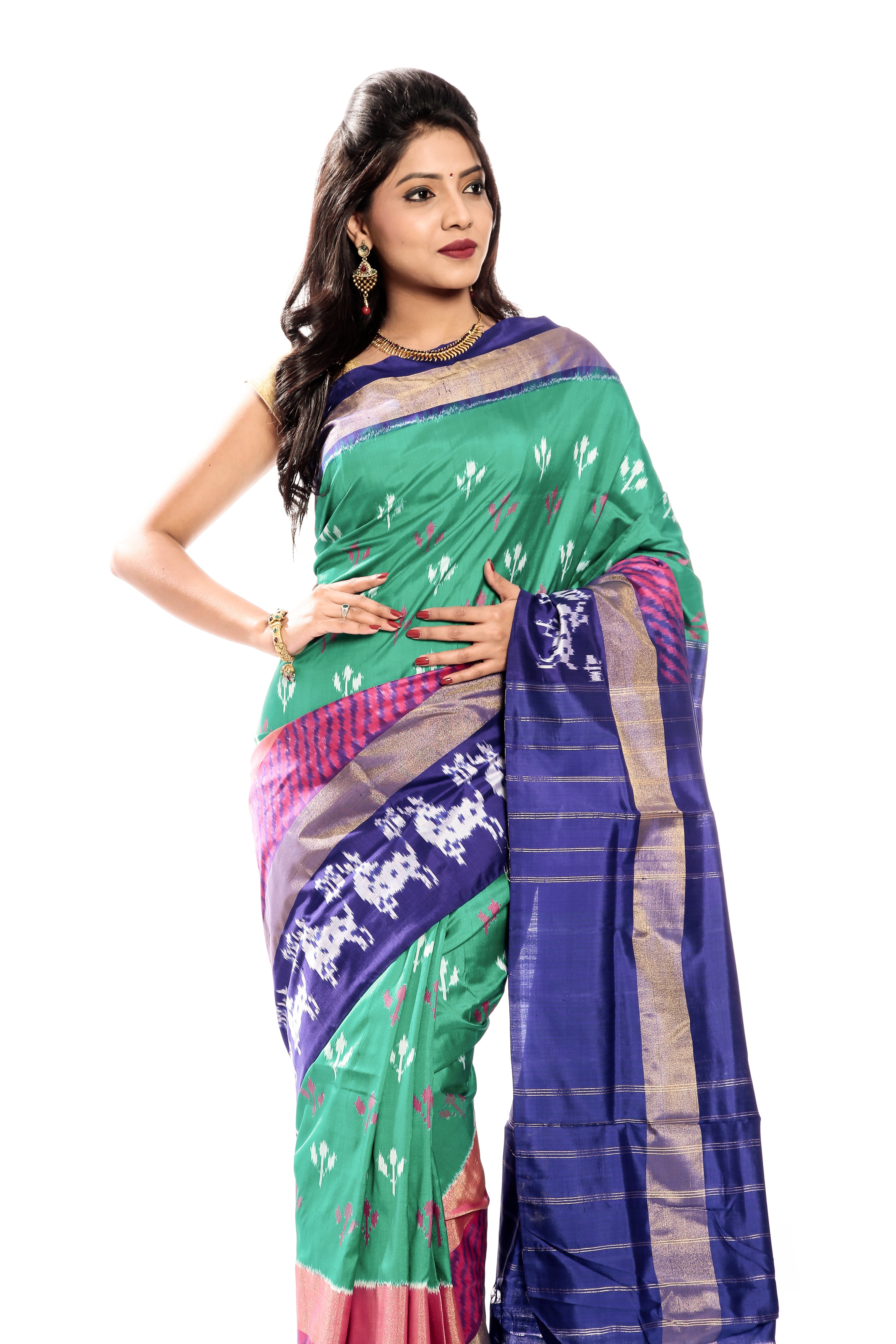 Ikkat silk saree in Turquoise Blue